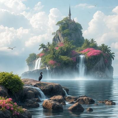 The primary subject of the image is a large island with a waterfall, surrounded by a body of water. The island is covered in lush greenery, including palm trees and pink flowers. The setting is a serene and picturesque landscape, with the waterfall cascading down the side of the island. The visual style of the image is a combination of photo and digital art, creating a realistic yet artistic representation of the scene. The colors and mood of the image are vibrant and lively, with the greenery, pink flowers, and waterfall creating a sense of tranquility and beauty.